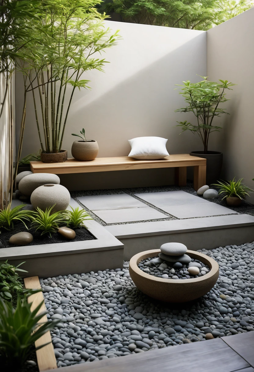 A high-resolution, minimalist Muji style garden corner with a serene ambiance. The space features clean lines and a neutral color palette, incorporating natural materials such as wood and stone. A small zen area with carefully placed pebbles and potted plants creates a peaceful atmosphere. A simple wooden bench provides a cozy spot for relaxation. Subtle decorative elements like bamboo accents and a small water feature add to the tranquility. ((8k)), ((UHD)), high quality detail, depth of field effect, no yapping.
