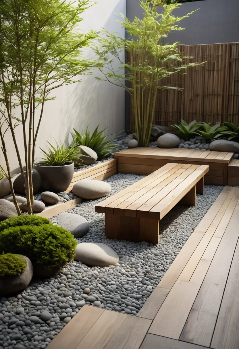 A high-resolution, minimalist Muji style garden corner with a serene ambiance. The space features clean lines and a neutral color palette, incorporating natural materials such as wood and stone. A small zen area with carefully placed pebbles and potted plants creates a peaceful atmosphere. A simple wooden bench provides a cozy spot for relaxation. Subtle decorative elements like bamboo accents and a small water feature add to the tranquility. ((8k)), ((UHD)), high quality detail, depth of field effect, no yapping.
