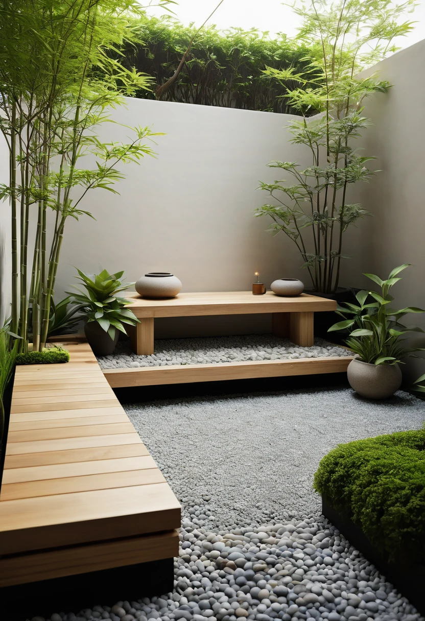 A high-resolution, minimalist Muji style garden corner with a serene ambiance. The space features clean lines and a neutral color palette, incorporating natural materials such as wood and stone. A small zen area with carefully placed pebbles and potted plants creates a peaceful atmosphere. A simple wooden bench provides a cozy spot for relaxation. Subtle decorative elements like bamboo accents and a small water feature add to the tranquility. ((8k)), ((UHD)), high quality detail, depth of field effect, no yapping.
