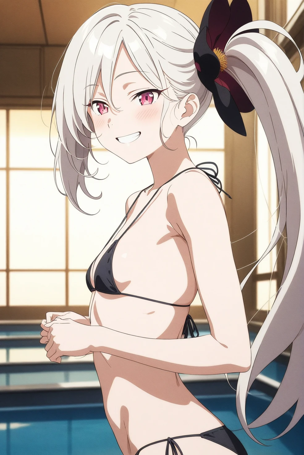 best quality, amazing quality, very aesthetic, absurdres, (1girl, mutsuki, blue archive, solo, red eyes, white hair, side ponytail), (realistic face:0.9),(string bikini:1.8),dress lift, (grin, blush, thigh:1.3), (cowboy shot), (glowing eyes), (half closed eyes:0.9), (from side:2), (official art:1.3), (pool), expressive eyes, perfect face, 4k, extremely detailed anime illustration, extremely detailed eyes, perfect anatomy, light rays, extremely delicate body, smooth skin, (anime background:1.5), clear eyes, beautiful face, small breasts,(anime style:1.7), (Warm Light:1.5), (highres:2),(Chiaroscuro),
