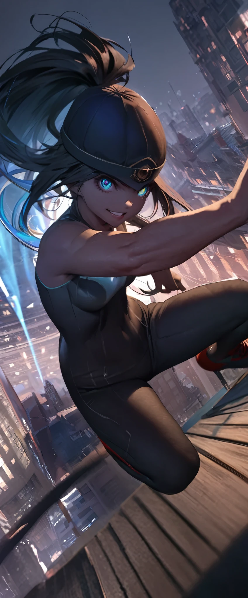 quality\(8k,wallpaper of extremely detailed CG unit, masterpiece,hight resolution,top-quality,top-quality real texture skin,hyper realisitic,increase the resolution,RAW photos,best qualtiy,highly detailed,the wallpaper,cinematic lighting,ray trace,golden ratio\), BREAK ,solo,1girl\(Ponytail, blonde, long hair, floating hair, cosmic eyes, big eyes, smiling, cap hat, (parkour:1.5), jumping from building to building, muscular,\), BREAK , from above, ground looks far away, beautiful view, horrible view,(dynamic pose:1.4), (dynamic angle:1.4), urban cityscape,