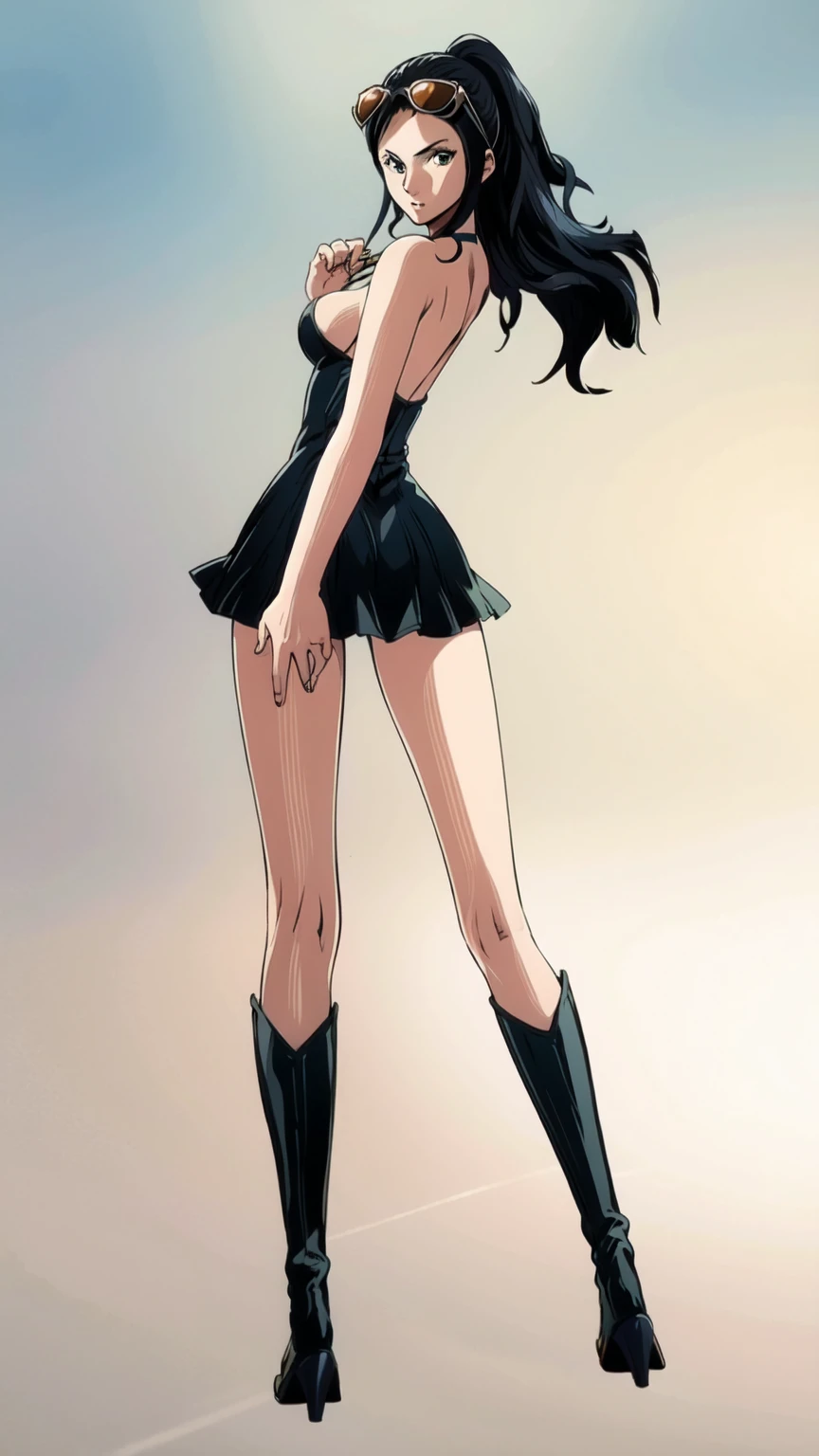 1girl, solo, boots, eyewear on head, black hair, dress, high heels, sunglasses, short dress, long hair, looking back, breasts, ponytail, nico robin, legs，medium_breasts，sideboob