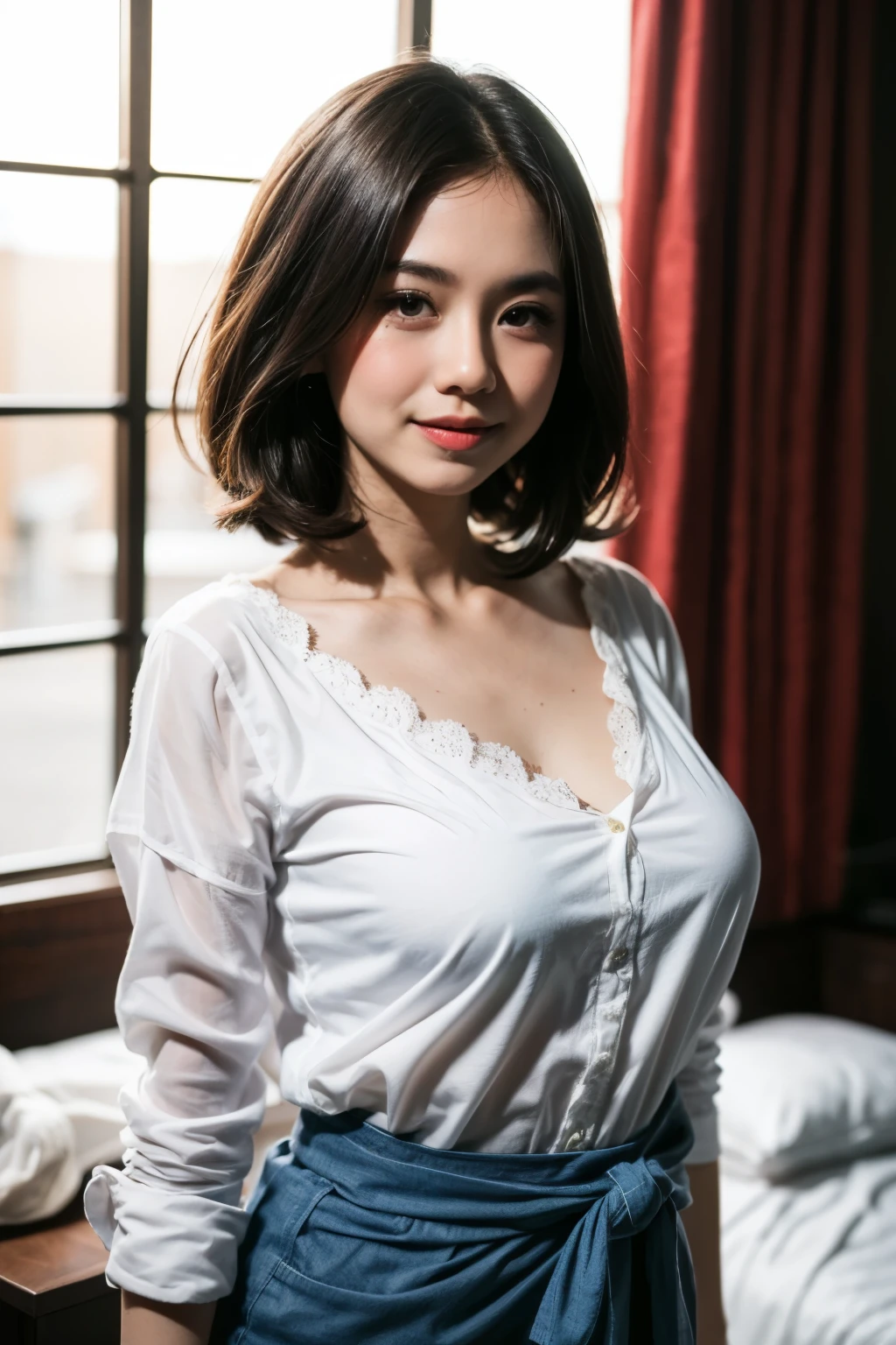 (Tongue), (Very very short haircut), laugh merrily & happily, (Lingerie bra) chubby chubby chubby (Old Lady:1.2), Transparent transparency, (sarong cloth), adorable, 1 girl, (face to face), 10 years old, baby face, happy, medium body portrait, (face details: 1), (eye details:1), ((big breasts)). wearing transparent transparency long shirt, .. Cute posed. proportional body. Ultra High Res. realistic: 1.4, UHD, tudung jilboobs, lace, view from side seductive pose