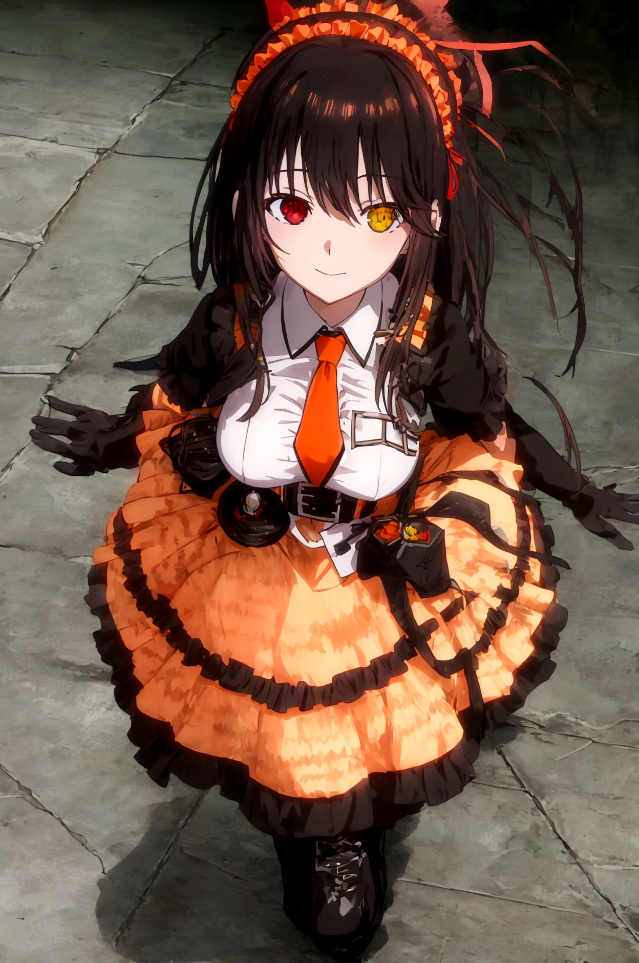 Anime adaptation for this character, (masterpiece) , (best quality), (ultra HD), 4K, tokisaki kurumi, tokisaki kurumi, heterochromia, black hair, very long hair, red right eye, yellow left eye, ornament hair, large breast, white shirt, orange necktie, belt, pouch, black pants, thigh boots, military hat, black gloves, black wings, orange halo