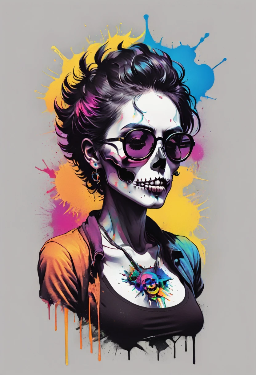 Design a t-shirt featuring a fantasy skullart illustration of a  scientist scary skull with curley hair, sunglasses, colorful glowing chemical laboratory glassware, Combine a detailed black and white drawing with vibrant, colorful digital fantasy style chemical elements. Draw inspiration from the intricate and dynamic styles of Dan Mumford, junko mizuno, and Frank Frazetta.negative space