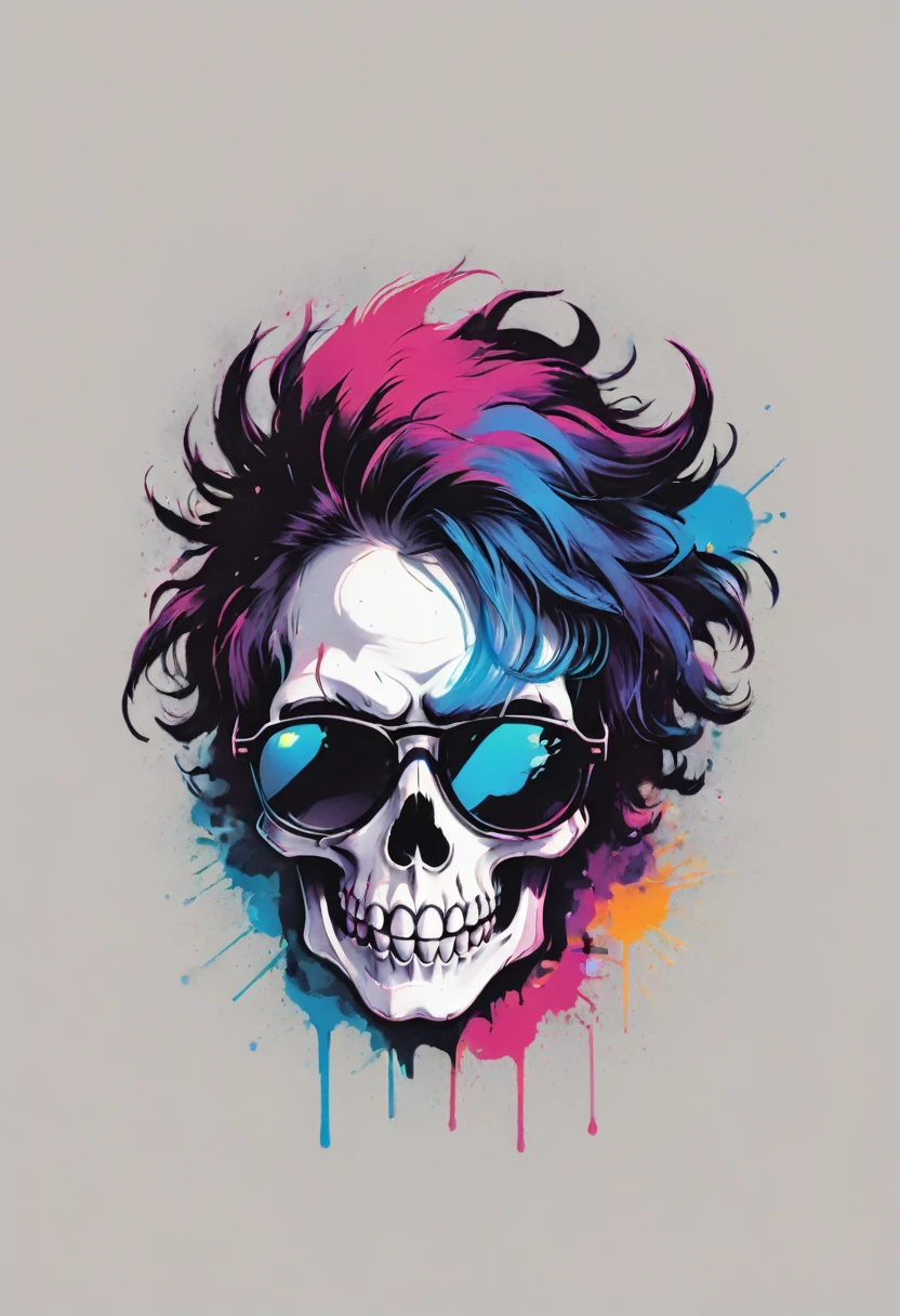 Design a t-shirt featuring a fantasy skullart illustration of a scientist scary skull with curley hair, sunglasses, colorful glowing chemical laboratory glassware, Combine a detailed black and white drawing with vibrant, colorful digital fantasy style chemical elements. Draw inspiration from the intricate and dynamic styles of Dan Mumford, junko mizuno, and Frank Frazetta.negative space