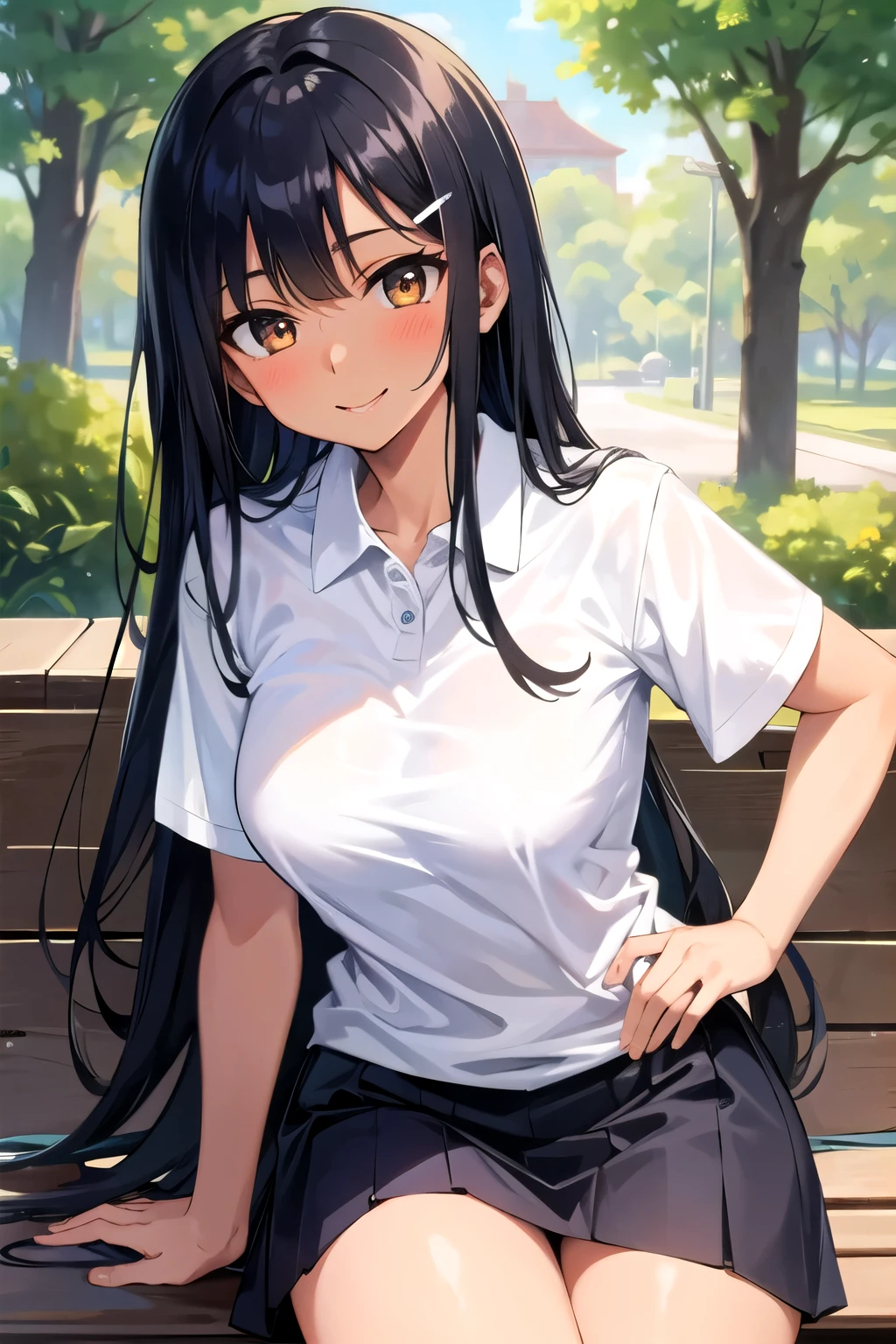 ((best quality)), ((masterpiece)), (details), one girl, y ((best quality)), ((masterpiece)), (details), one girl, sex(best quality)), ((masterpiece)), (details), one girl, full body,it's_nagatoro_main, Nagatoro Hayase, one girl, blushing, one person, uniform white polo shirt, black hair, brown eyes, hair accessory, looking at viewer, hair clip, smiling, long hair, dark skinned woman, dark skin, , bangs, daytime, skirt, collared shirt, collarbone, ear clip, mouth closed, tree, asymmetrical bangs, upper body