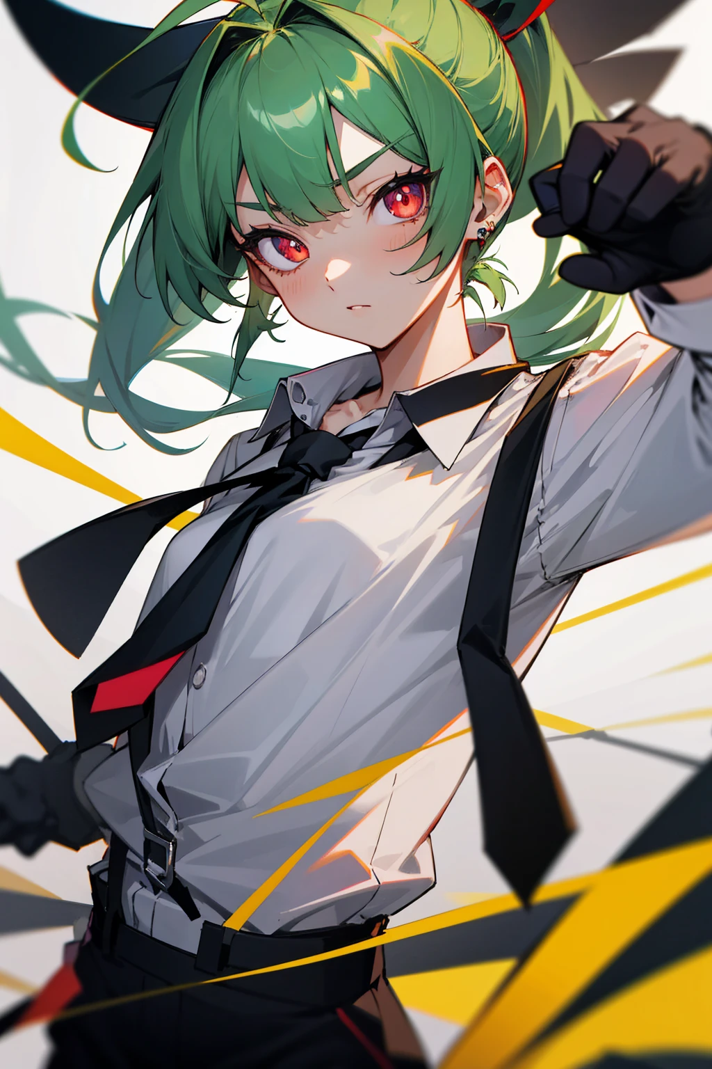 absurdres, best quality, 1girl, solo, eye focus, looking at viewer, rika, ahoge, ponytail, bright pupils, white pupils, grey collared shirt, necktie, suspenders, black pants, gloves, earrings, green hair, red eyes, bright pupils, collarbone