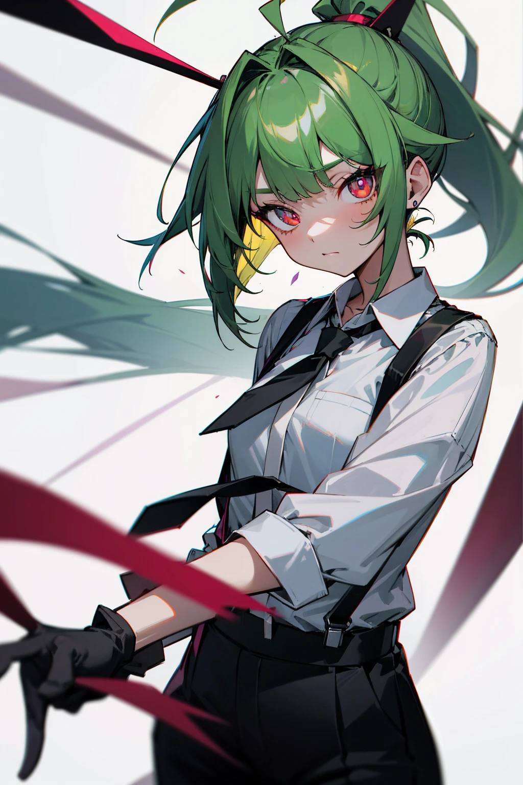 absurdres, best quality, 1girl, solo, eye focus, looking at viewer, rika, ahoge, ponytail, bright pupils, white pupils, grey collared shirt, necktie, suspenders, black pants, gloves, earrings, green hair, red eyes, bright pupils, collarbone