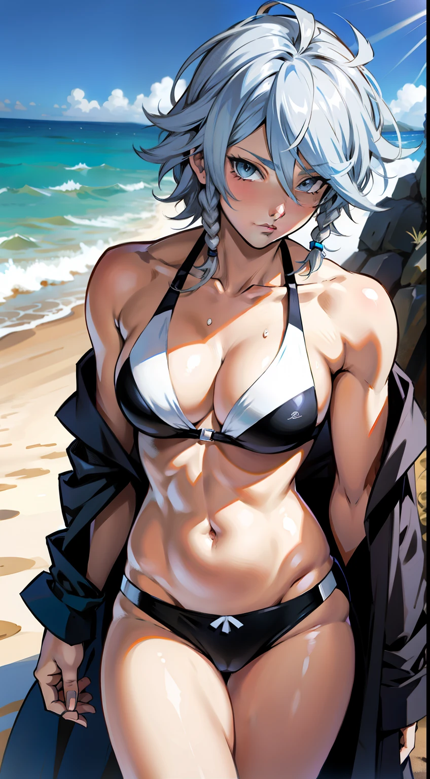 アニメ cel-shading Sakuya Izayoi, bikini, on the beach in ((anime + manga + comics + cartoon) style)