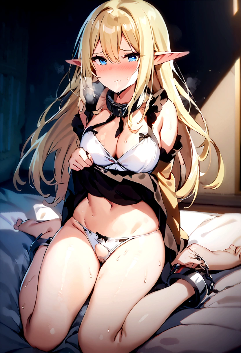 Slave. Dirty tunic. Torn tunic. dirty panties. Torn panties. Pointy ears. Elf. Slave collar. Blonde hair. Hair between the eyes. Shackles. Long hair. Long pointed ears. Blue eyes. 1 girl. 12 years. . Beautiful fingers. Beautiful long legs. Beautiful body. Beautiful nose. Snotty nose. Snot flows from the nose. Perfect eyes. Ideal face. Expressive eyes. Barefoot. Cold. Runny nose. Nasal mucus. Snot flows from the nose. Sneezing. Wants to sneeze. I have to sneeze. Violent, desperate desire to sneeze. She sneezed. She sneezes. Snot flies from your nose with every sneeze. Embarrassment. Blush. Beautiful character design. Shiny skin. Full body. official art, extremely detailed CG unity 8k wallpaper, perfect lighting, Colorful, Bright_Front_face_Lighting, shiny skin, (masterpiece:1.0), (best_quality:1.0), ultra high resolution, 4K, super detail, photography, 8K, HDR, high resolution, absurd: 1.2, Kodak portra 400, film grain, background blur, bokeh: 1.2, highlights, (bright_color: 1.2), (beautiful_face: 1.5), (narrow_waist), nsfw.