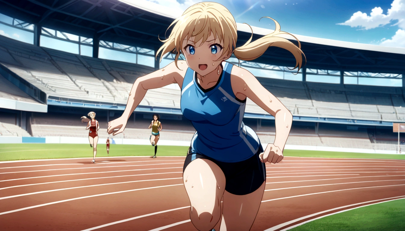score 9, source anime, wide shot, multiple girls, Female track and field athletes compete in the 400-meter run in the stadium, dynamic angle, perfect face, playful expression, low ponytail, sweat, outdoor, blue sky, shiny day, dramatic lighting, cinematic, best quality, 8k, masterpiece, ultra-detailed,