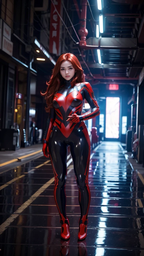 (masterpiece), (best quality), (ultra detailed), (epic lights reflections), glowing, luminous neon lights, 1girl, red eyes, red hair, full makeups, red lips, fit body hair blown by strong winds, (Spiderman cosplay), very tight body shape suit, ultra bodysuit textures details, hair blown by winds, ((full body)), symmetrical pose, model posing in the middle, from behind, open legs