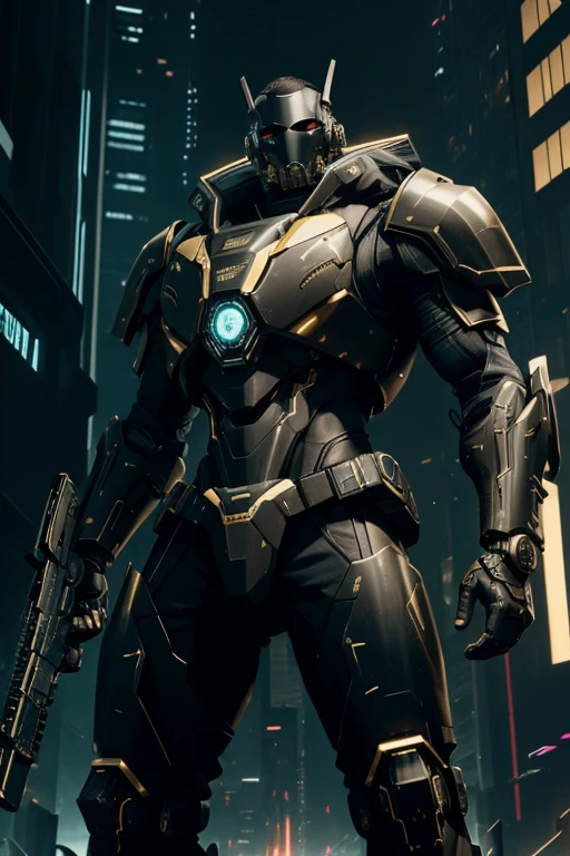 luxtech, cyberpunk, heavy armor, ethnically black, black skin, holding a luxtech gun