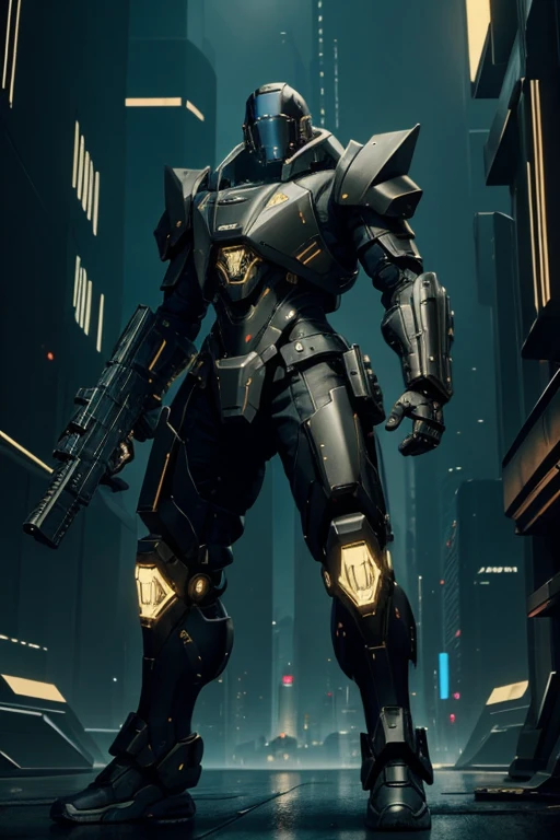 luxtech, cyberpunk, heavy armor, ethnically black, black skin, holding a luxtech gun