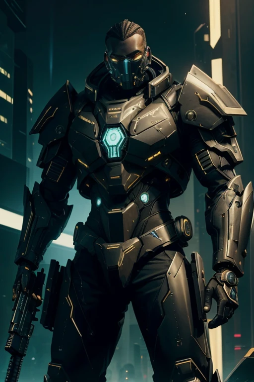 luxtech, cyberpunk, heavy armor, ethnically black, black skin, holding a luxtech gun