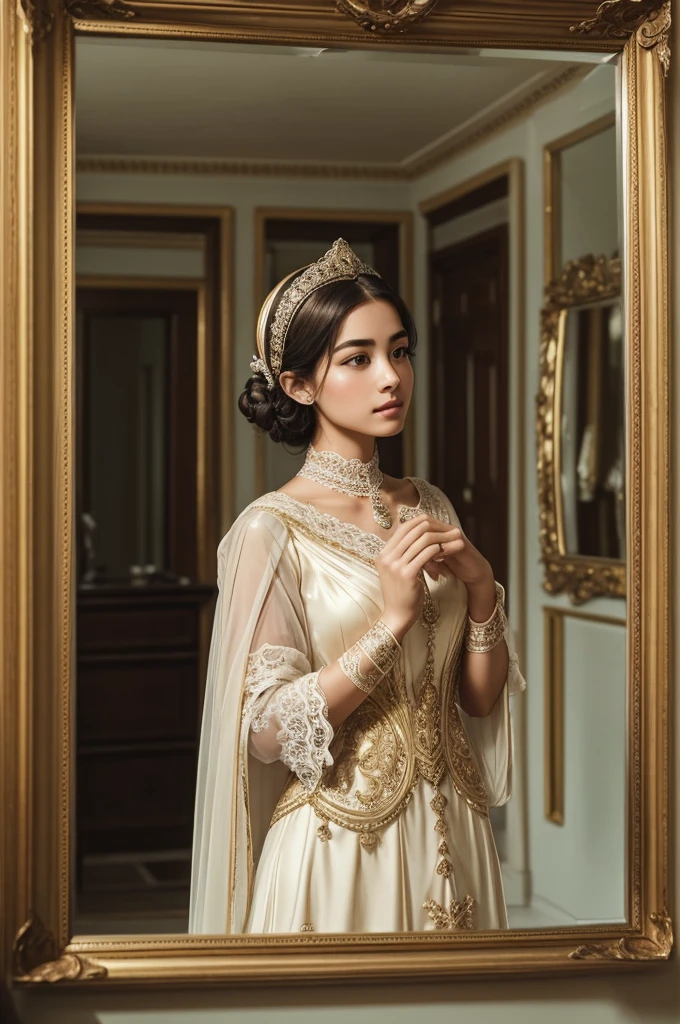 a striking female figure standing gracefully before a mirror, her face partially concealed by an ornate mask. The vintage aesthetic is accentuated by her elegant attire, detailed with delicate lace and rich fabric, reflecting the fashion of the early 20th century. The soft, muted colors and intricate brushwork capture a sense of introspection and mystery, as the woman gazes into the mirror, blurring the lines between reality and reflection.