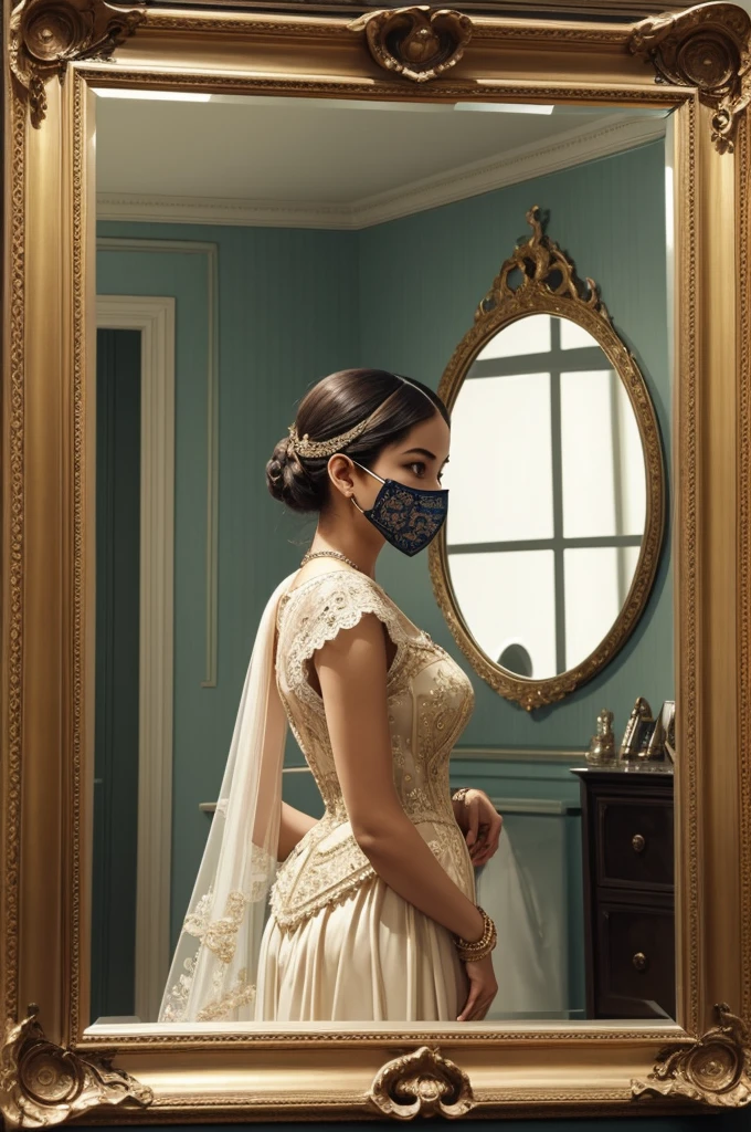 a striking female figure standing gracefully before a mirror, her face partially concealed by an ornate mask. The vintage aesthetic is accentuated by her elegant attire, detailed with delicate lace and rich fabric, reflecting the fashion of the early 20th century. The soft, muted colors and intricate brushwork capture a sense of introspection and mystery, as the woman gazes into the mirror, blurring the lines between reality and reflection.