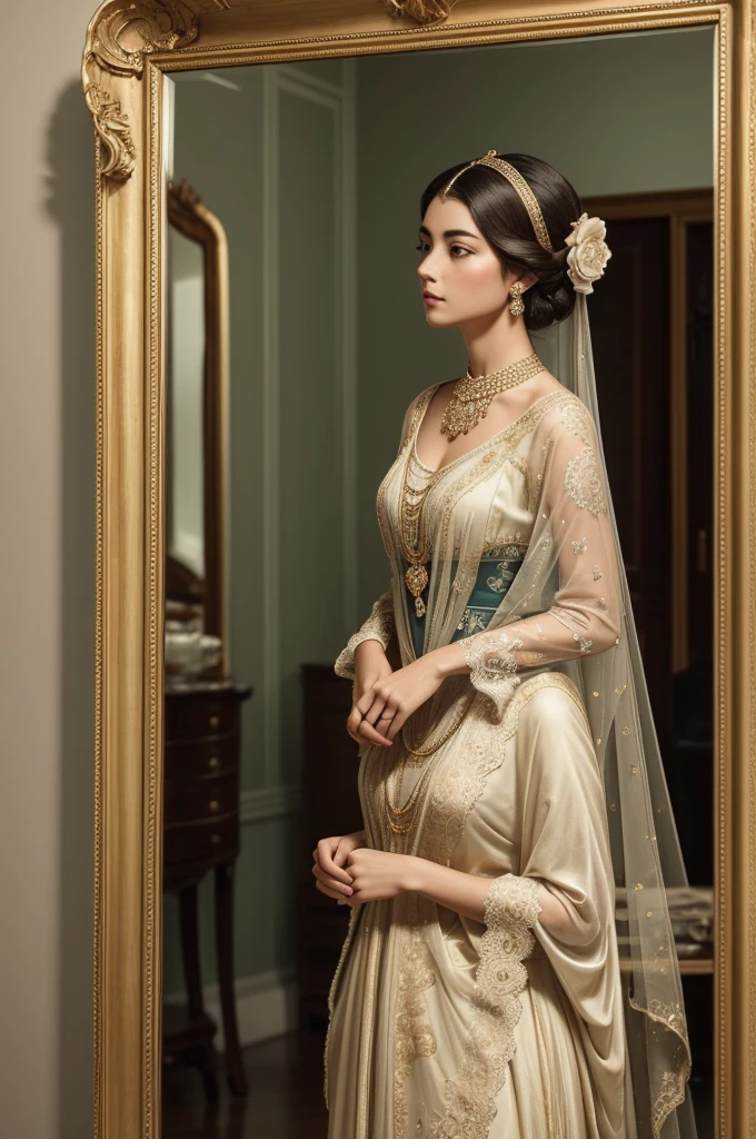 a striking female figure standing gracefully before a mirror, her face partially concealed by an ornate mask. The vintage aesthetic is accentuated by her elegant attire, detailed with delicate lace and rich fabric, reflecting the fashion of the early 20th century. The soft, muted colors and intricate brushwork capture a sense of introspection and mystery, as the woman gazes into the mirror, blurring the lines between reality and reflection.