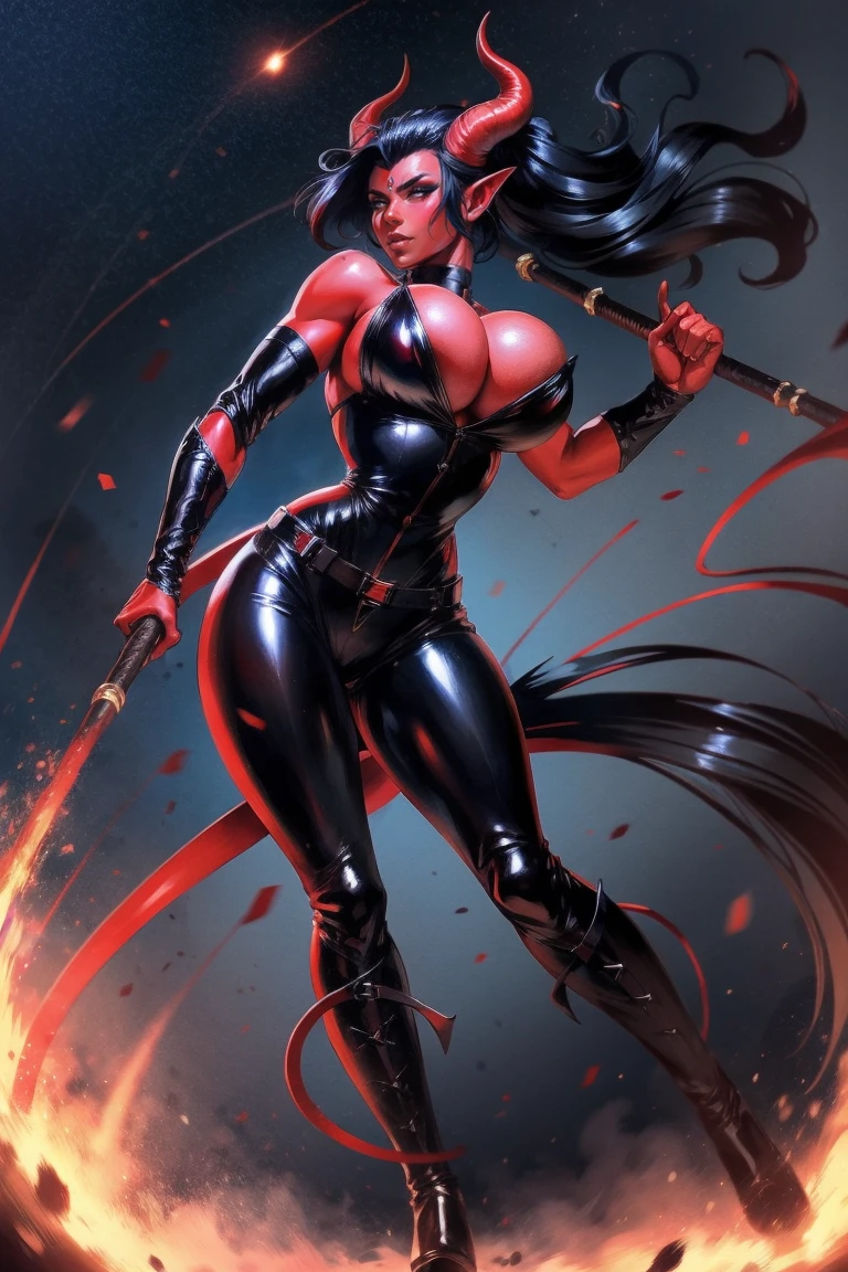 Red skin succubus tiefling, medium breasts, black horns, wings, huge tail, black leather, tall, toned, graceful, thin, long black ponytail. Action scene, whip. Dark scene, explosions, night sky.