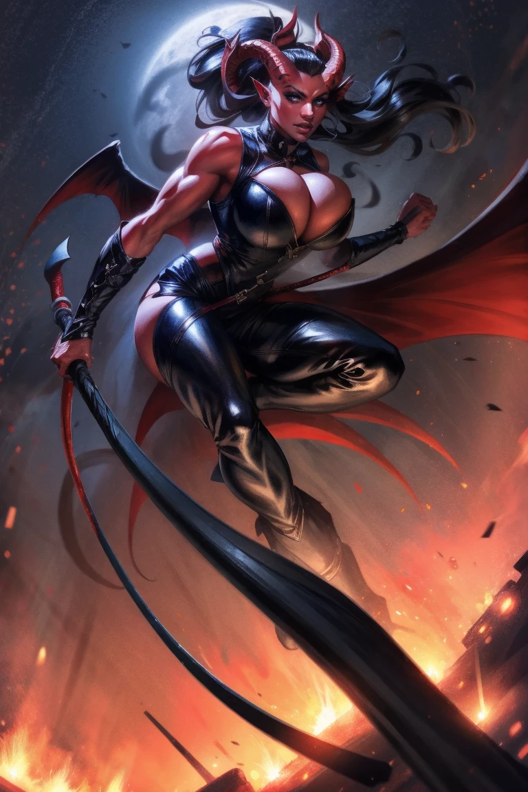Red skin succubus tiefling, medium breasts, black horns, wings, huge tail, black leather, tall, toned, graceful, thin, long black ponytail. Action scene, whip. Dark scene, explosions, night sky.