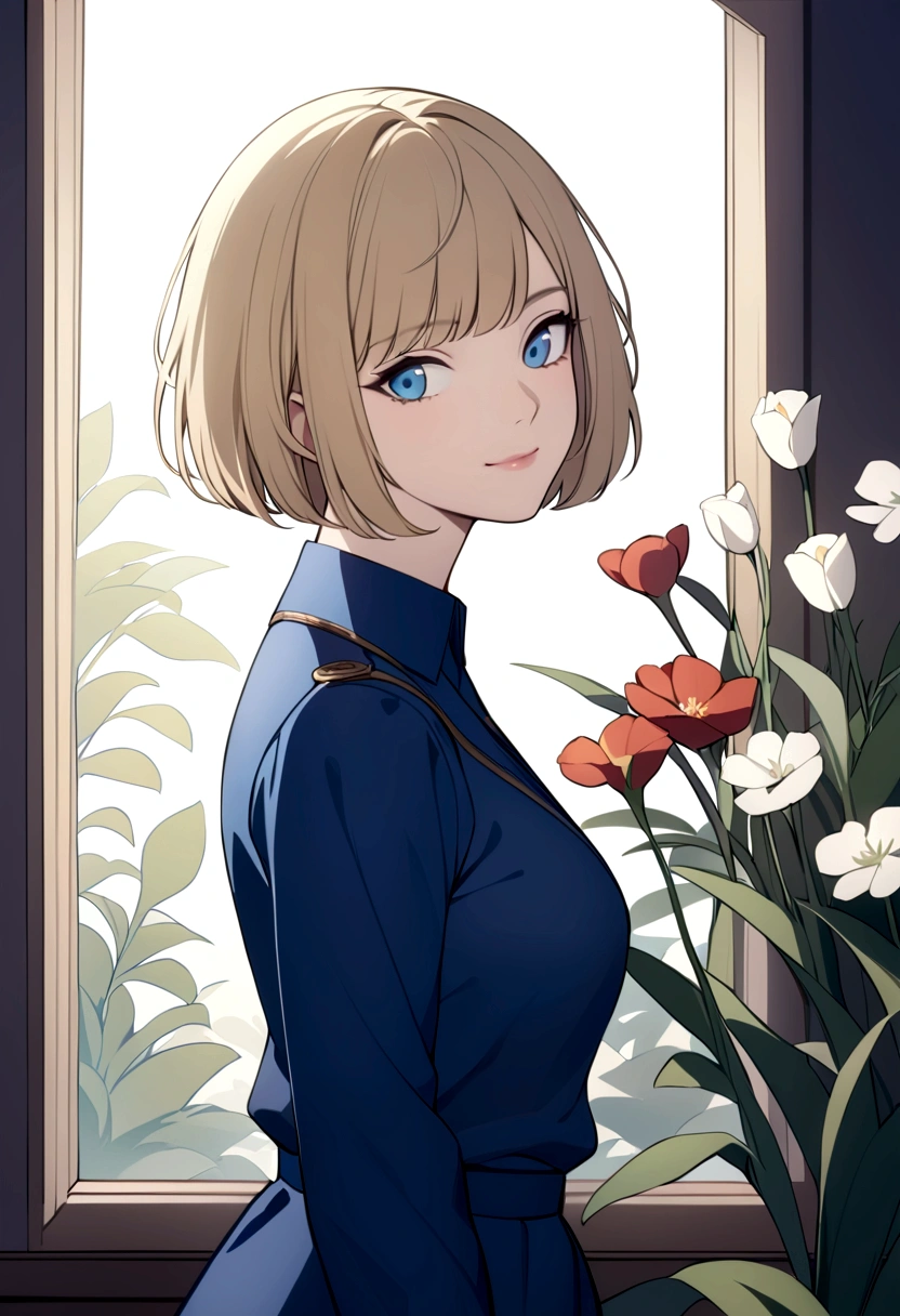 slender, mature female, solo, blonde_hair, closed_mouth, holding, 1girl, blue_eyes, blue_shirt, bangs, lips, short_hair, long_sleeves, shirt, flower, looking_at_viewer, uniform, looking_away, smile, light_smile, from_side, fine_art_parody, 