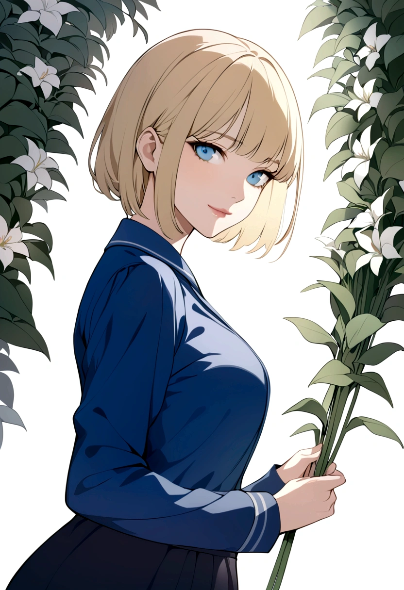 slender, mature female, solo, blonde_hair, closed_mouth, holding, 1girl, blue_eyes, blue_shirt, bangs, lips, short_hair, long_sleeves, shirt, flower, looking_at_viewer, uniform, looking_away, smile, light_smile, from_side, fine_art_parody, 