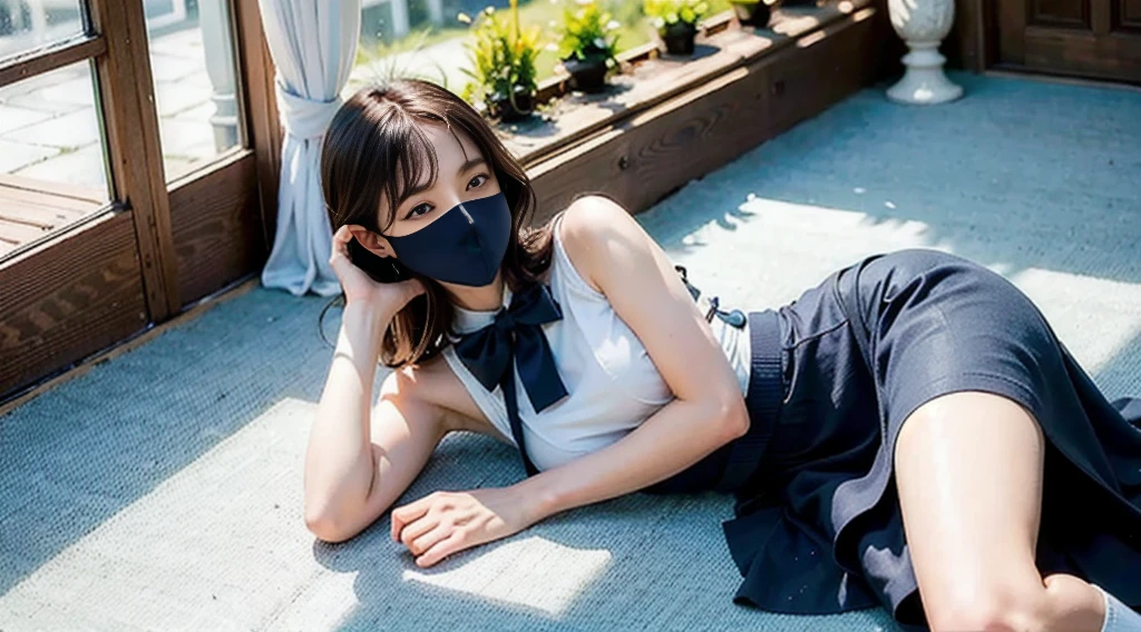 ((Bright garden porch background)), (Lo-Fi), (Soft Focus), High Definition, 4K, Ultra High Definition, Ultra High Definition, Ultra Real Shadows, Ultra Real, Dramatic Lighting, Japan Women, One Girl, Solo, Detailed Face, Realistic Eyes, Realistic Skin, Dynamic Hair, Dynamic Pose, Dynamic Angle, (White Blouse), (Dark Blue Bow Tie), (((Dark blue very long skirt)))), ((White short ankle-length socks with folded edges)))), white background, (Raw photo: 1.2), (Photorealistic: 1.4), Beautiful detailed woman, Very detailed eyes and face, Beautiful detailed eyes, Huge file size, super detailed, high resolution, very detailed, highest quality, (bright indoors), (soft light), (low contrast), (shallow depth of field), (portrait of a beautiful woman illuminated by gentle light), (very delicate and elegant depiction), (short length bangs), (hair color dark chestnut with a slight brown tone), (hair with subtle gentle waves), (((white short ankle-length socks with folded edges))), illustration, very detailed, CG, unification, 8k wallpaper, amazing, fine details, best quality, Highly detailed CG unified 8k wallpaper, face lights, movie lighting, 1 girl, 25 years old
