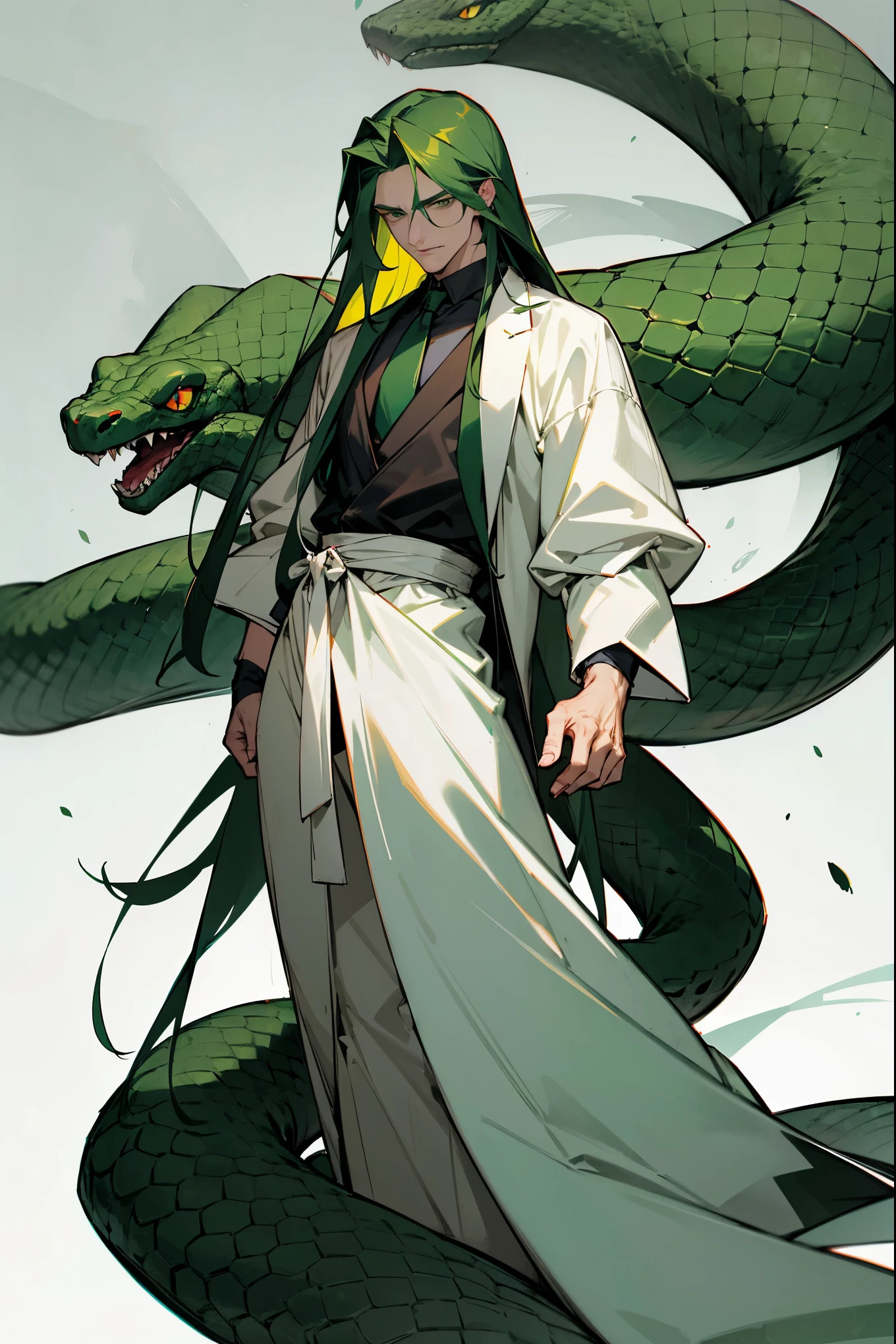 A handsome man with long dark green hair、Green eyes，The expression is cold，A poisonous snake wrapped around his neck，viciousness，unholy，badass，Wearing delicate white clothes，Full body like。
