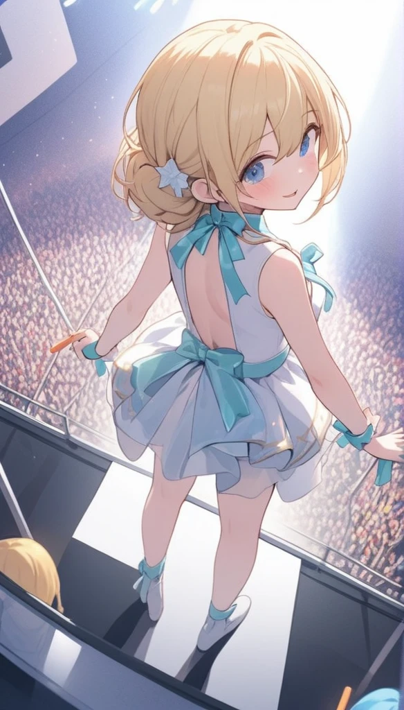 Chibi Character、、、blondes、Brat、Sing with a microphone、white idol costume,A back view of a singer singing to a large audience,Be showered with cheers,Pull angle,Full Shot,Accurate Body,Accurate 5-finger,wireless microphone,whole body,Angle from above and behind,Precisely structured body,Spectators holding colorful grow sticks,Angle from above