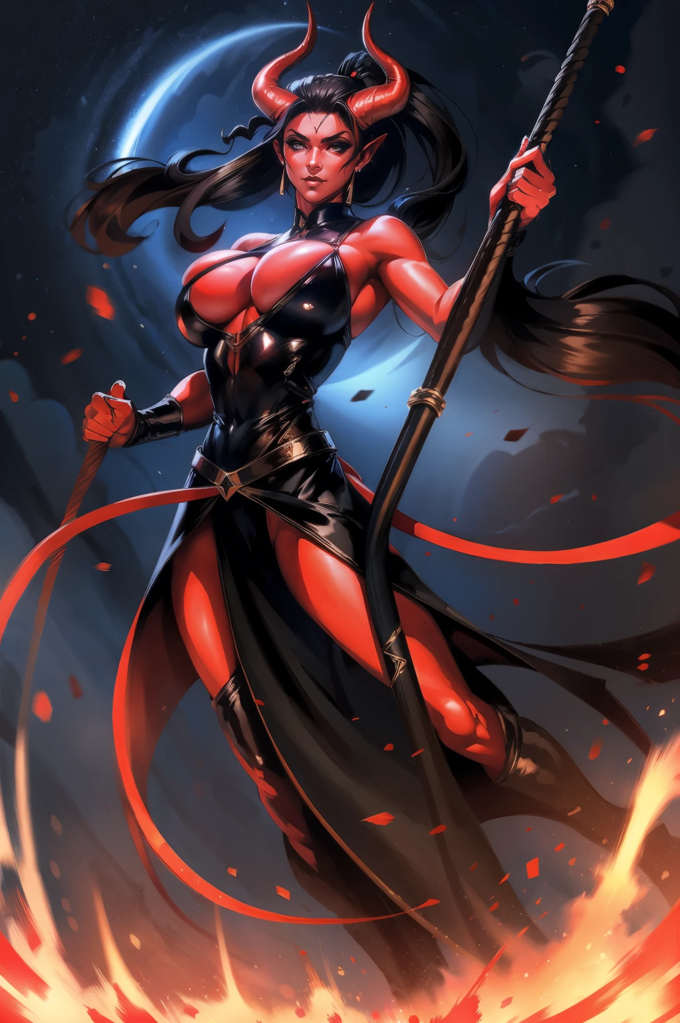 Red skin succubus tiefling, medium breasts, black horns, wings, huge tail, black leather, long flowing pelvic curtain, tall, toned, graceful, thin, long black ponytail. Action scene, whip. Dark scene, explosions, night sky.