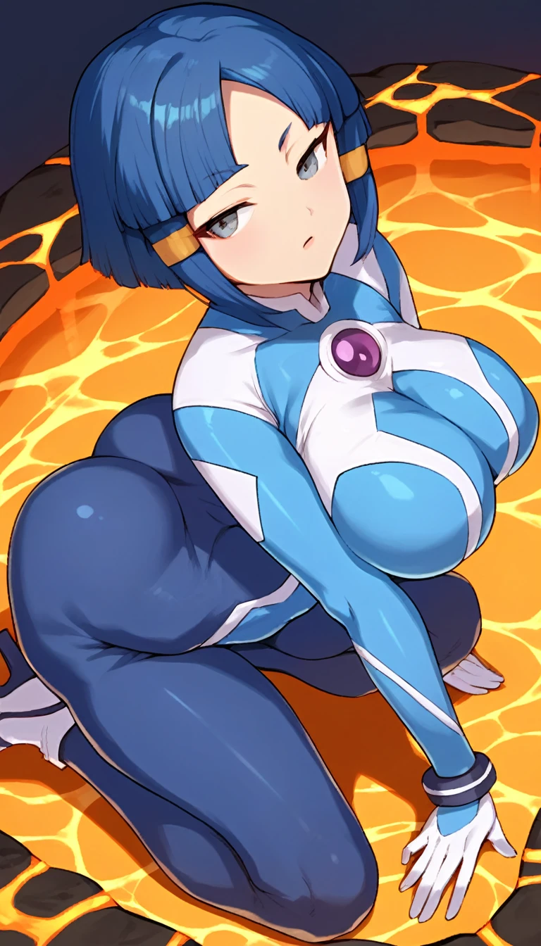 best quality,ultra detailed,solo,score_9, score_8_up, score_7_up, score_6_up, score_5_up, score_4_up, source_anime, 1girl, clara, blue hair, hair tubes, grey eyes, bodysuit,big breasts, sexy pose, (behind view,portrait),full body, sranding on lava,heavenly ass, heavenly breasts, big ass, no shoes, wearing white heels, upset, face, long legs, tight bodysuit, tight sleeves, white bodysuit, half-closed eyes, backside