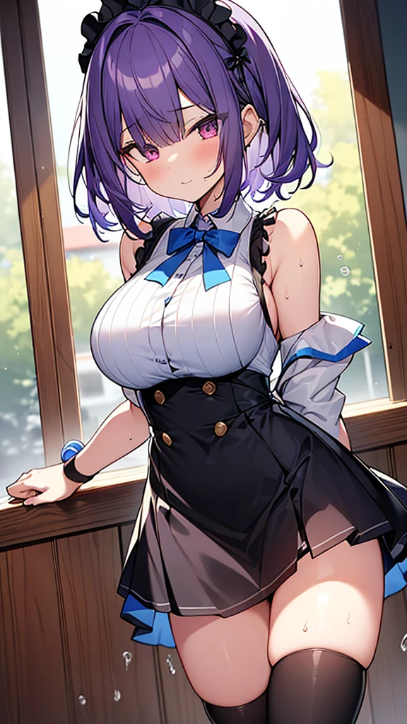 最high quality, high quality, Super detailed, 32k, Ultra-detailed details, Sister and maid, (only, Standing, pretty girl, beautiful purple hair, short hair, Beautiful RED eyes, mature, Big Breasts, A light smile, Off-the-shoulder sleeveless Summer メイド服, Summer casual maid clothes, Short skirt, Blue and white color striped underwear, Black knee socks, loafers, My crotch is wet with love juice, 18-year-old,cute), {{ターゲットの男の妹,The succubus infiltrates the mansion, peels the skin off her sister's face, replaces it with her own, and puts on a maid outfit with her sister's face, lifting her skirt to show her underwear., Mature body and sister's face}, She has transformed from a shy maid into a lewd one., A maid with her sister's face stuck on her face is vigorously pistoning her body, A maid who moves her body vigorously without caring if her breasts bounce, Super detailed, indoor, Full body image, ((Head to Toe:1.3)), NSFW