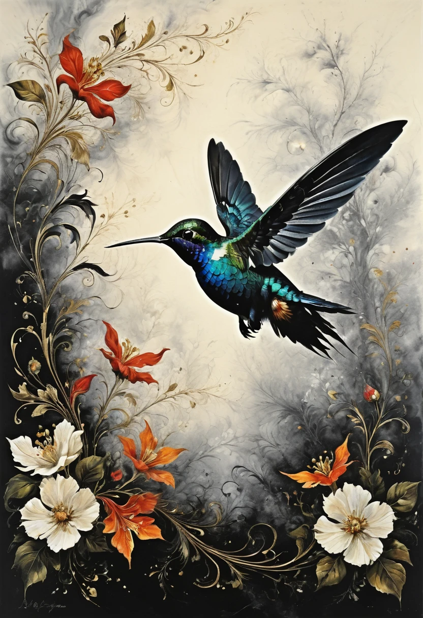 Ebru technique, the hummingbird shape is made entirely of marble patterns. The watercolor is completely dark. Black colors and flowers. mountain forest background. The mesmerizing image of the will-o'-the-wisp, captured in exquisite detail on the canvas of the painting, evokes a sense of wonder and enchantment, revealing the exquisite beauty of this unique creature. 3D, magical, fabulous, masterpiece picture, The style of Raphael, Caravaggio, Coby Whitmore, Titian, Leonardo da Vinci,skll