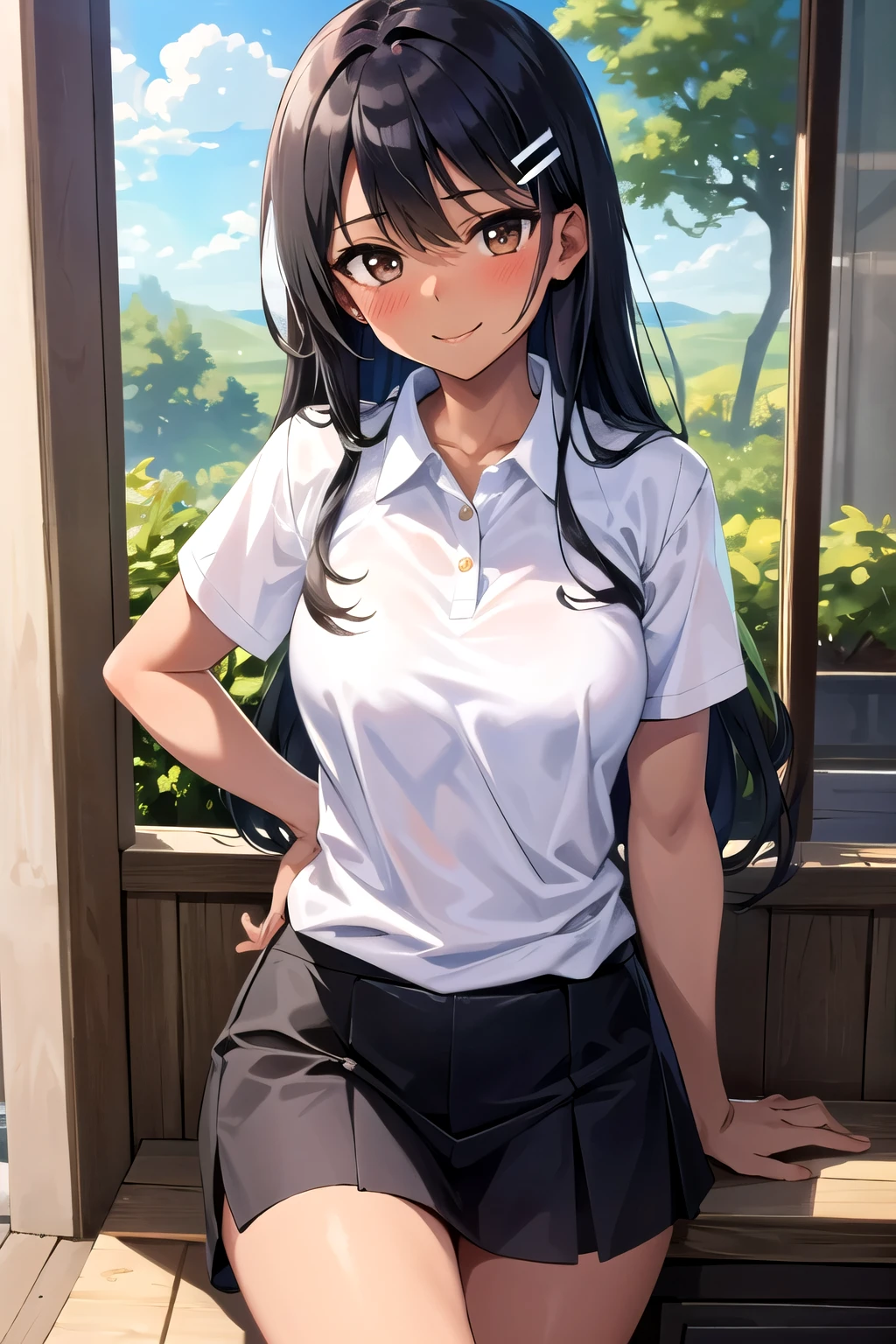 ((best quality)), ((masterpiece)), (details), one girl, sexy ((best quality)), ((masterpiece)), (details), one girl, sexy ((best quality)), ((masterpiece)), (details), one girl, full body,it's_nagatoro_main, Nagatoro Hayase, one girl, blushing, one person, uniform white polo shirt, black hair, brown eyes, hair accessory, looking at viewer, hair clip, smiling, long hair, dark skinned woman, dark skin, , bangs, daytime, skirt, collared shirt, collarbone, ear clip, mouth closed, tree, asymmetrical bangs, upper body