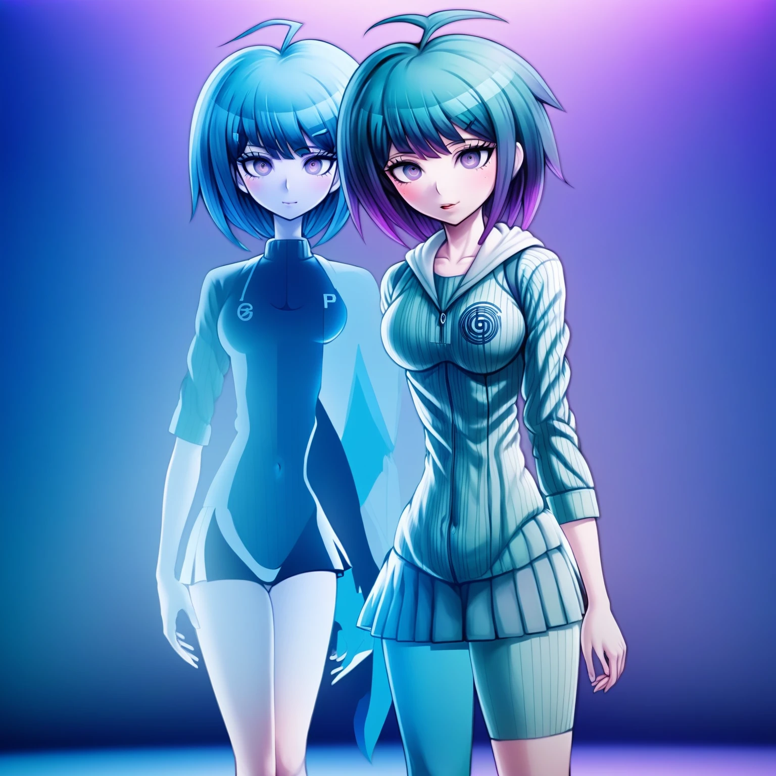 Woman, plum, creative design, Blue hair, danganronpa style, thick lines, full-body portrait, detailed face, Blurred background, anatomically correct