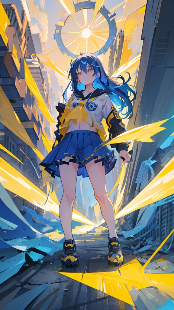 A girl, blue hair, yellow eyes, long hair, forehead, punk-girl (grs-), gun to head, {heart shaped pupils},From below, above the thighs,A girl, blue hair, yellow eyes, long hair, forehead, Empire