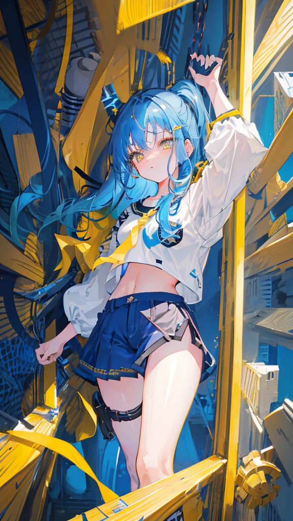 A girl, blue hair, yellow eyes, long hair, forehead, punk-girl (grs-), gun to head, {heart shaped pupils},From below, above the thighs,A girl, blue hair, yellow eyes, long hair, forehead, Empire