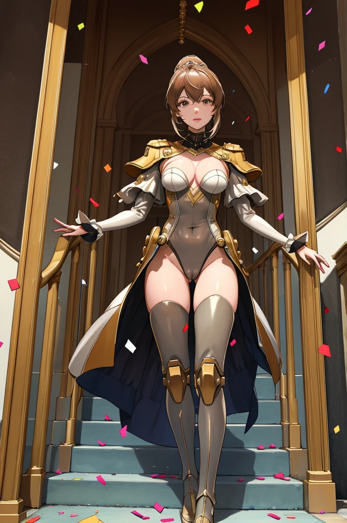 best quality, official art, masterpiece, textile shading, HDR, very detailed, colorful, best details, fantasy, suit, Yuki Mori:1.5, 1 female, 25 years old, brown hair, long hair, ponytail, best quality, official art, masterpiece, textile shading, HDR, very detailed, colorful, best details, fantasy, battle suit,1 female, 25 years old, standing on stairs,In the town with an old castle,Walking towards the castle, Many stars々Shining night,choppy hair, medium breast, skinny, {{{{Surrounded by a large crowd:1.9}}}}、Confetti flutters、Blessed、{{people々has been welcomed by:1.5}}、cameltoe:1.3, ground level shot:1.9,