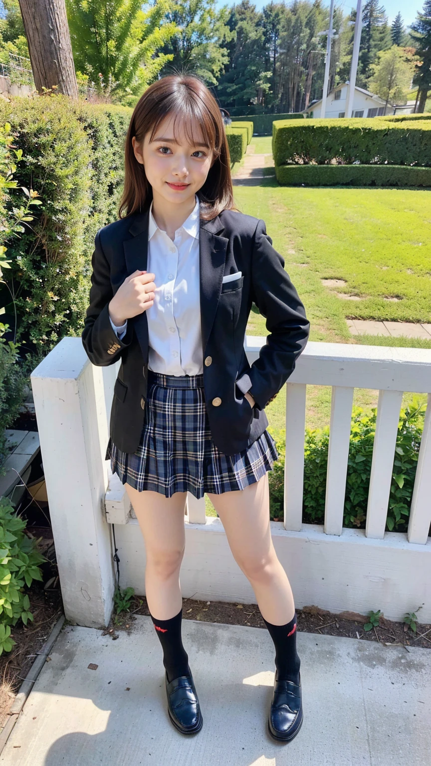 (8K、RAW Photos、Highest quality、masterpiece:1.2)、(Realistic、Realistic)、1 Girl、((Black Check Mini Skirt、High School Uniform、blazer、Navy Socks、loafers、Medium Hair、garden、View from the front、Looking into the camera、Stand with hands on hips))、cute