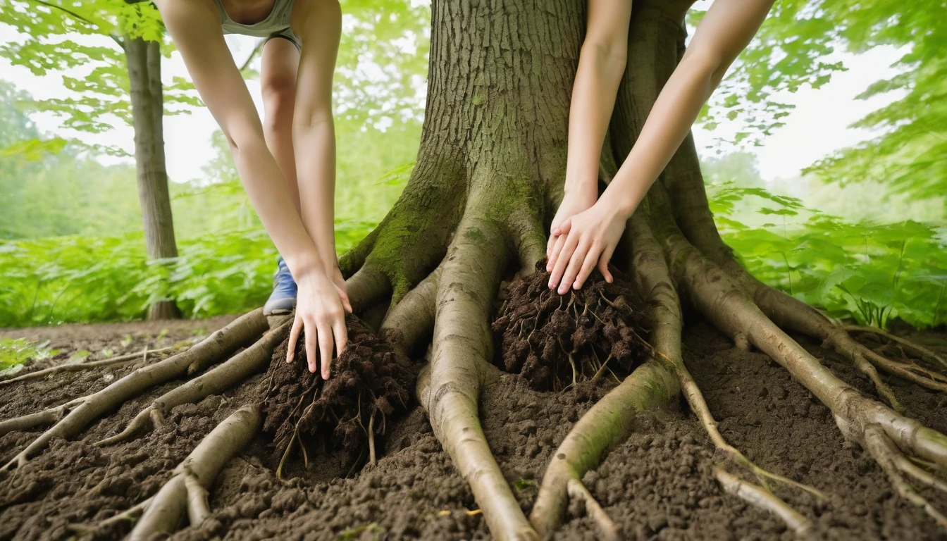 Their human hands were lifting together the shoots of maple trees with soil attached to their roots