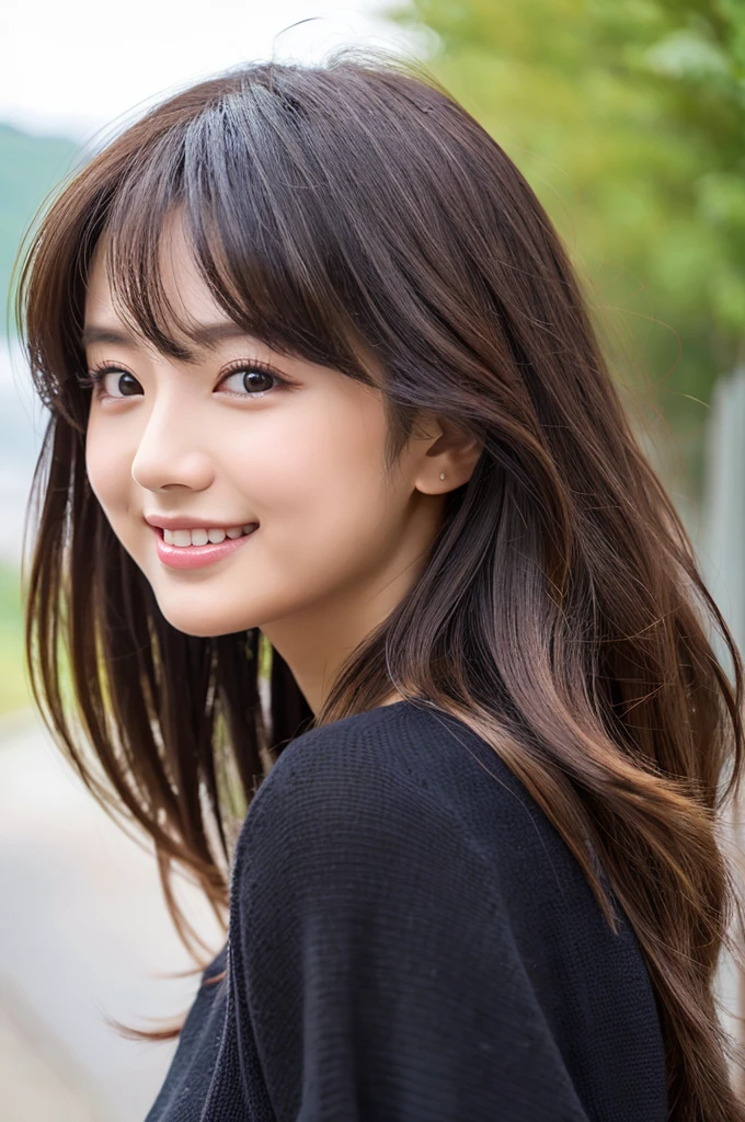 Image resolution 8K、masterpiece:1.3)、Beauty、1 female、(魅力的なBody Type:1.2)、abdomen:1.1、Dark brown hairstyle:1.1、(Body Type:1.2)、Ultra-detailed face、Attractive lips、double eyelid、オレンジcolorワンピースドレスを着用、Super realistic and super cute in every detail、Japanese、Japanese女性、20th generation(28 years old)、Smile with a beautiful smile、Hair blowing in the wind、color々Hair style、
