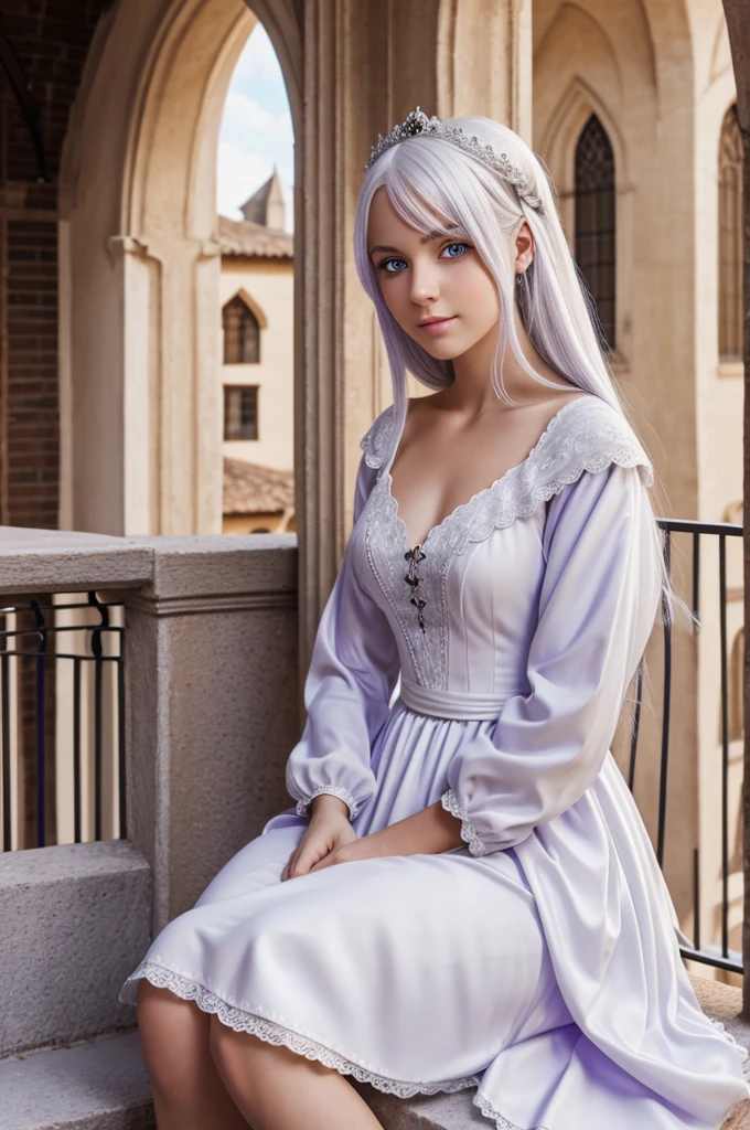 realistic illustration of a platinum haired girl with violet eyes in a white medieval dress sitting on a balcony