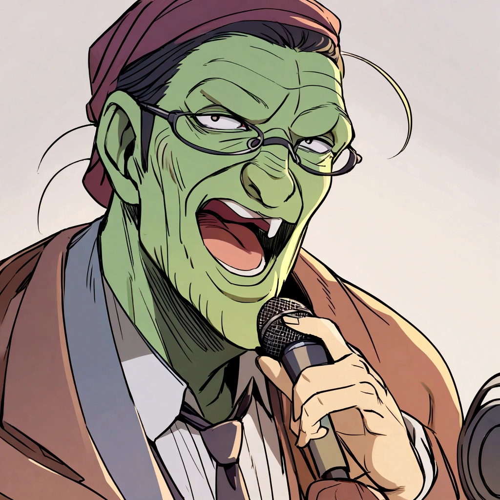 Cartoon style
crocodile sings a song into a microphone.
he wears Mr./Ms. glasses.
The character is two-heads tall.