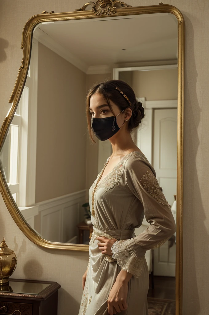 a striking female figure standing gracefully before a mirror, her face partially concealed by an ornate mask. The vintage aesthetic is accentuated by her elegant attire, detailed with delicate lace and rich fabric, reflecting the fashion of the early 20th century. The soft, muted colors and intricate brushwork capture a sense of introspection and mystery, as the woman gazes into the mirror, blurring the lines between reality and reflection.
