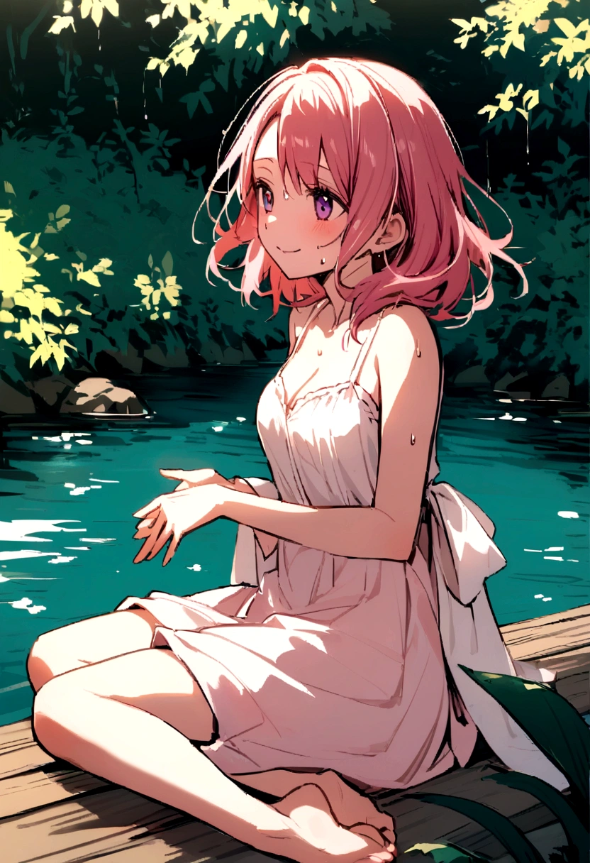 Sakura Haruno happy. Barefoot. Sweating. Riverside. 