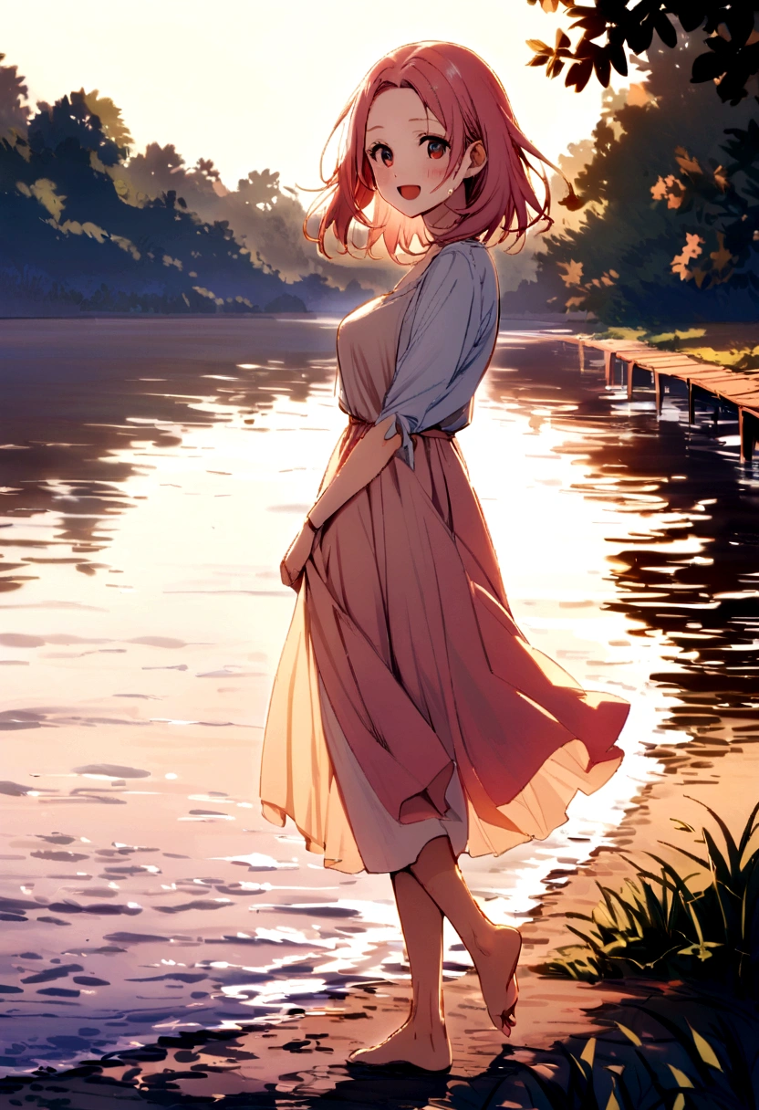 Sakura Haruno happy. Barefoot. Sweating. Riverside.