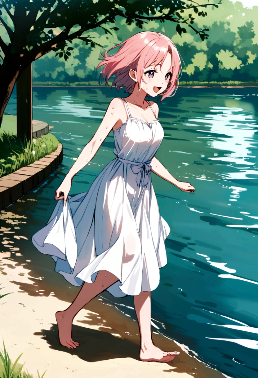 Sakura Haruno happy. Barefoot. Sweating. Riverside.