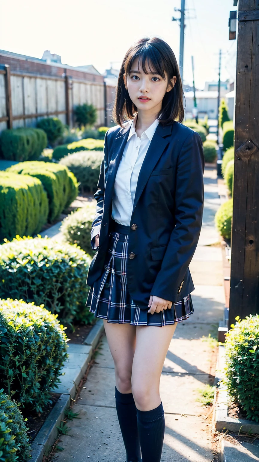 (8K、RAW Photos、Highest quality、masterpiece:1.2)、(Realistic、Realistic)、1 Girl、((Black Check Mini Skirt、High School Uniform、blazer、Navy Socks、loafers、Medium Hair、garden、View from the front、Looking into the camera、Stand with hands on hips))、cute