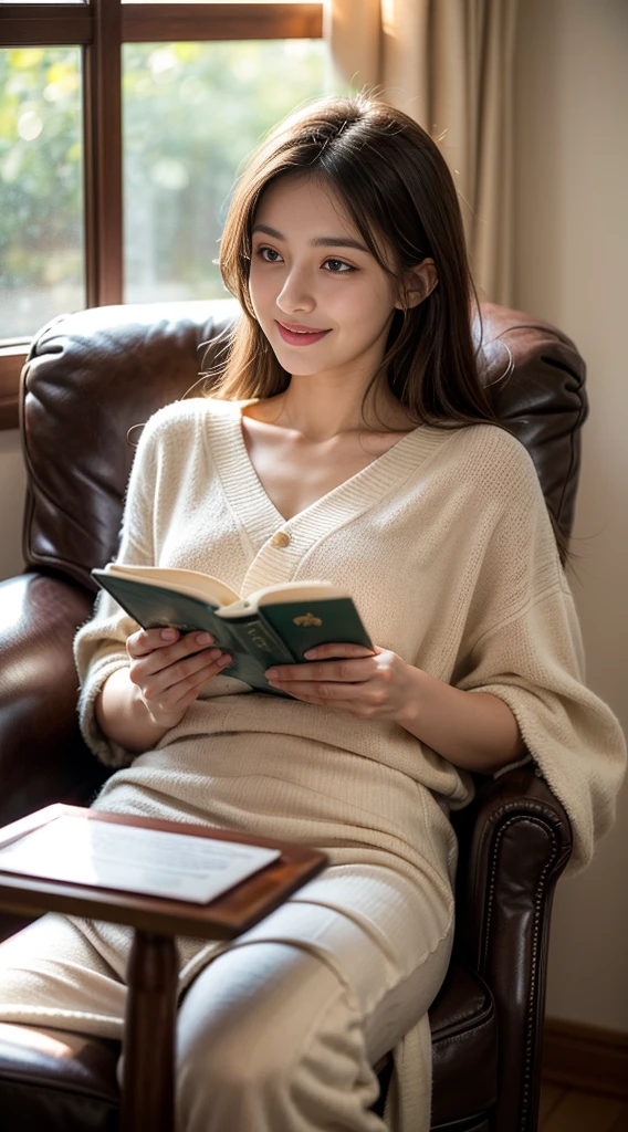 A serene and sunlit room, bathed in the warm glow of summer's golden hour, serves as the backdrop for a woman deeply engrossed in a book. She sits comfortably in a plush armchair, her posture relaxed yet attentive. Her face radiates happiness, with a gentle smile playing on her lips as she reads. Her eyes, bright and focused, move steadily across the pages. The soft, golden light of the setting sun streams through a nearby window, casting a warm, amber glow on her features and highlighting her contentment. A cozy throw blanket is draped over her lap, and a steaming cup of tea rests on a small table beside her, adding to the tranquil ambiance. The overall atmosphere is one of peaceful joy and concentration, capturing a moment of pure, unhurried pleasure in reading during a perfect summer evening.